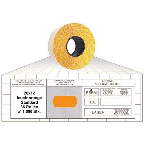 Preisauszeichner Etiketten 26x12 Standard leuchtorange 36 Rollen permanent Preisetiketten 1-Zeilig für Smart, Tovel, Meto, Contact, Sato, Samark, Printex von gebar