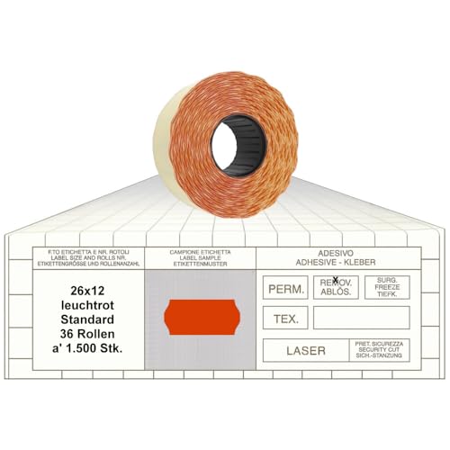 Preisauszeichner Etiketten 26x12 Standard leuchtrot 36 Rollen ablösbare Preisetiketten 1-Zeilig für Smart, Tovel, Meto, Contact, Sato, Samark, Printex Preisauszeichner Etiketten 26x12 Standard leuchtrot 36 Rollen ablösbare Preisetiketten 1-Zeilig für Smart, Tovel, Meto, Contact, Sato, Samark, Printex von gebar