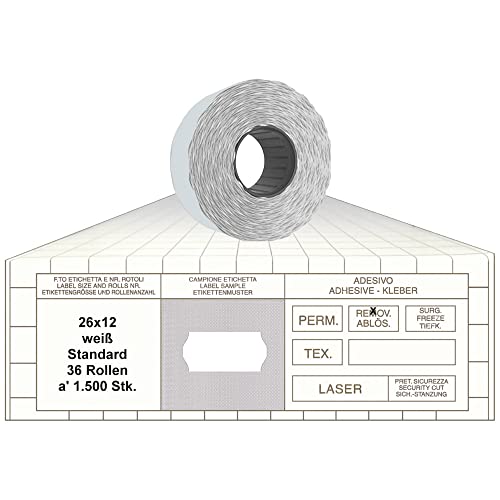 Preisauszeichner Etiketten 26x12 Standard weiß 36 Rollen ablösbare Preisetiketten 1-Zeilig für Smart, Tovel, Meto, Contact, Sato, Samark, Printex Preisauszeichner Etiketten 26x12 Standard weiß 36 Rollen ablösbare Preisetiketten 1-Zeilig für Smart, Tovel, Meto, Contact, Sato, Samark, Printex von gebar