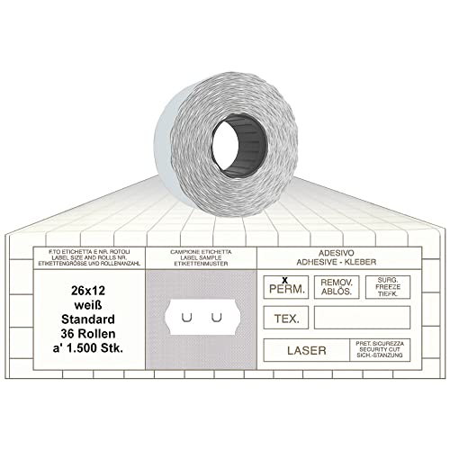 Preisauszeichner Etiketten 26x12 Standard weiß 36 Rollen permanent Preisetiketten für Sato 26 Samark 26 von gebar