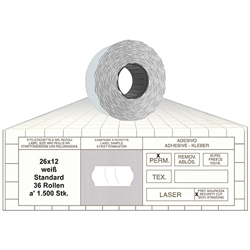 Preisauszeichner Etiketten 26x12 mit Sicherheitsstanzung weiß 36 Rollen permanent Preisetiketten für Smart Printex Tovel Contact Meto Blitz Preisauszeichner Etiketten 26x12 mit Sicherheitsstanzung weiß 36 Rollen permanent Preisetiketten für Smart Printex Tovel Contact Meto Blitz von gebar