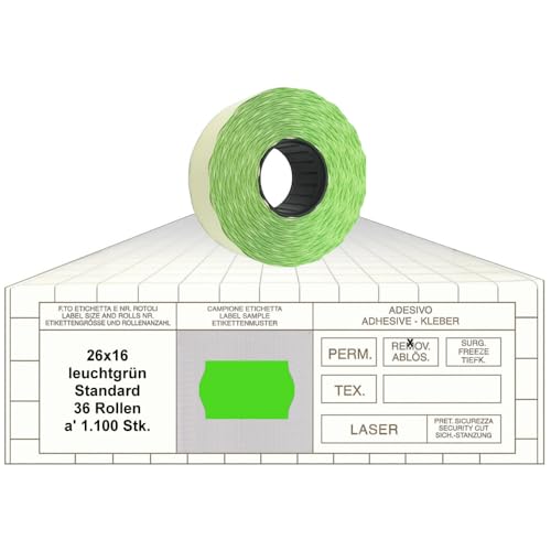 Preisauszeichner Etiketten 26x16 Standard leuchtgrün 36 Rollen leicht ablösbar Preisetiketten für Printex Tovel Meto Blitz Print Jolly Avery Preisauszeichner Etiketten 26x16 Standard leuchtgrün 36 Rollen leicht ablösbar Preisetiketten für Printex Tovel Meto Blitz Print Jolly Avery von gebar