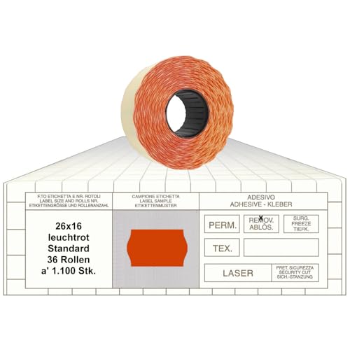 Preisauszeichner Etiketten 26x16 Standard leuchtrot 36 Rollen leicht ablösbar Preisetiketten für Printex Tovel Meto Blitz Print Jolly Avery Preisauszeichner Etiketten 26x16 Standard leuchtrot 36 Rollen leicht ablösbar Preisetiketten für Printex Tovel Meto Blitz Print Jolly Avery von gebar