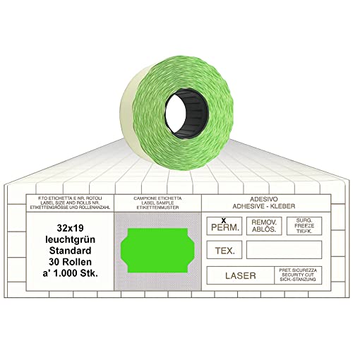 Preisauszeichner Etiketten 32x19 Standard leuchtgrün 30 Rollen permanent Preisetiketten für Print Tovel Printex Contact Meto Blitz Preisauszeichner Etiketten 32x19 Standard leuchtgrün 30 Rollen permanent Preisetiketten für Print Tovel Printex Contact Meto Blitz von gebar