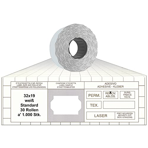 Preisauszeichner Etiketten 32x19 Standard weiß 30 Rollen ablösbar Preisetiketten für Print Tovel Printex Contact Meto Blitz Preisauszeichner Etiketten 32x19 Standard weiß 30 Rollen ablösbar Preisetiketten für Print Tovel Printex Contact Meto Blitz von gebar