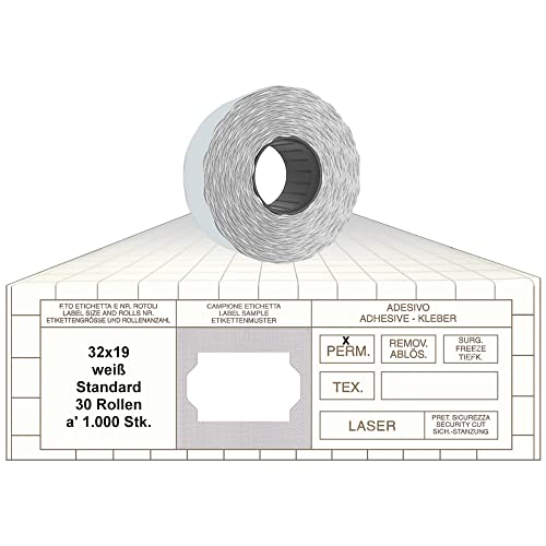 Preisauszeichner Etiketten 32x19 Standard weiß 30 Rollen permanent Preisetiketten für Print Tovel Printex Contact Meto Blitz von gebar