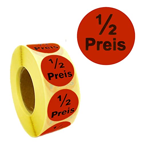 gebar - Aktionsetiketten leuchtrot, 1 Rolle = 1.000 Etiketten, permanent fest-klebend, Ø 30, 32 oder 50mm, Preisetiketten mit Etiketten Druck-Kennzeichnung (1/2 Preis, Ø 30 mm) von gebar