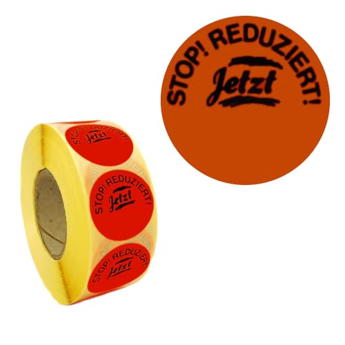 gebar - Aktionsetiketten leuchtrot, 1 Rolle = 1.000 Etiketten, permanent fest-klebend, Ø 30, 32 oder 50mm, Preisetiketten mit Etiketten Druck-Kennzeichnung (STOP REDUZIERT! Jetzt, Ø 32 mm) von gebar