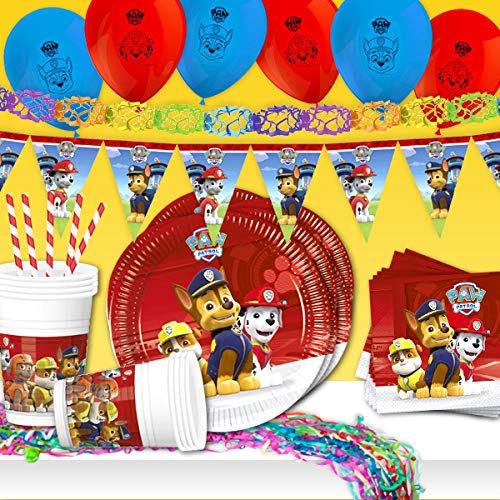 Partyset Deko zum PP Geburtstag bis 8 Gäste, 57-TLG. Partygeschirr mit Teller, Becher, Getränkehalmen, Servietten, Ballons, Wimpelkette, Luftschlangen und 3D-Girlande von Geburtstagsfee