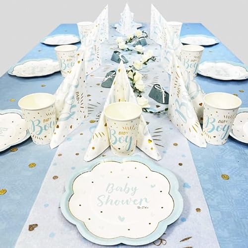 Geburtstagsfee Babyparty und Baby Shower Tischdeko Set für Jungen für 8 Gäste mit Becher, Teller, Servietten, Trinkhalmen, Tischläufer und mehr… (Blau Baby Shower)… von Geburtstagsfee