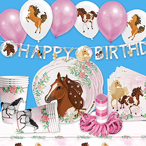 Pferde Deko Geburtstag und Party Set 55 Teile bis 8 Kids für Tischdeko u. Raumdeko mit Teller, Becher, Servietten, Tischdecke, Buchstabenkette, Latexballons u. Luftschlangen von Geburtstagsfee