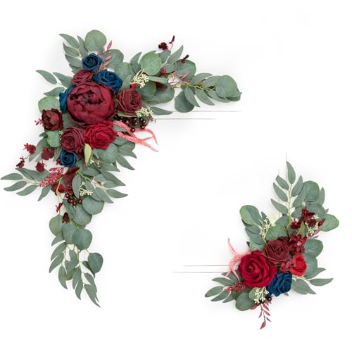 2 Stück künstliches Willkommensschild, Girlande, Hochzeitsbogen, Blumendekorationen, Florale Eukalyptus-Weidengirlande, burgunderrote marineblaue Rose für Zeremonie/Empfang, Staffelei/Türdekor. 2 Stück künstliches Willkommensschild, Girlande, Hochzeitsbogen, Blumendekorationen, Florale Eukalyptus-Weidengirlande, burgunderrote marineblaue Rose für Zeremonie/Empfang, Staffelei/Türdekor. von generic