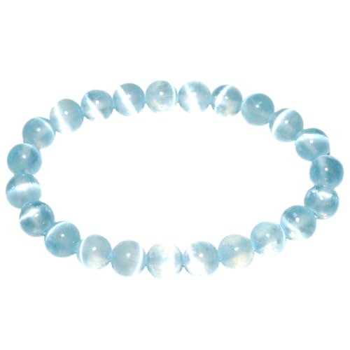 8 mm Aquablaues Selenit-Armband – Kronenchakra-Katzenaugen-Kristall, handgefertigter Heilmeditationsschmuck, passend für 6,5–7,5 Zoll Handgelenk, inklusive Perlenset von generic