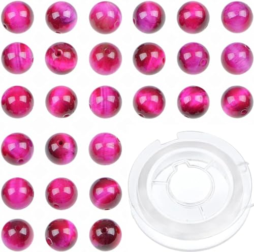 90 Stück Kristallperlen, Stein, Edelstein, rund, Energieheilung, lose Perlen mit Stretchkordel zur Schmuckherstellung, Armbänder, Fußkettchen (hellfuchsiafarbenes Tigerauge, 10 mm, 90 Stück) von generic