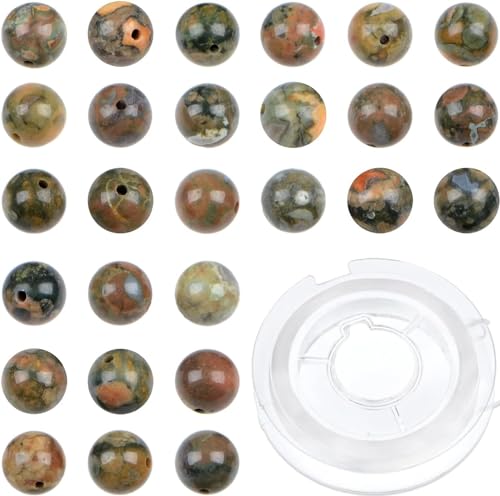 90 Stück natürliche Kristallperlen, Stein, Edelstein, rund, Energieheilung, lose Perlen mit Stretchkordel zur Schmuckherstellung, Armbänder, Fußkettchen (Rhyosit-Jaspis, 10 mm, 90 Stück) von generic