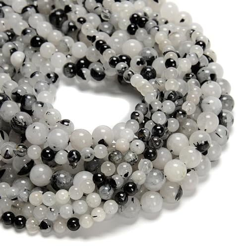 95 Stück (2 Stränge) 8 mm natürliche heilende schwarz-weiße Rutilquarz-Kristallperlen, glatte runde Steinperlen für die Herstellung von Schmuckarmbändern von generic