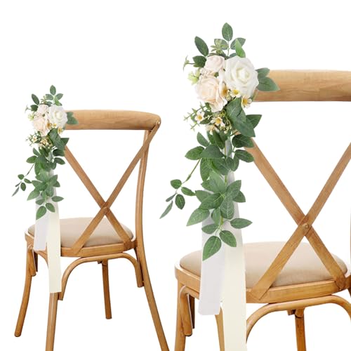 Blumen für den Kirchengang zur Hochzeit, 6er-Set, weiße Rosen, Stuhldekorationen, Blumenarrangements für den Gang mit Chiffonbändern für die Stuhldekoration von Hochzeitszeremonien, Partys und Kirchen von generic
