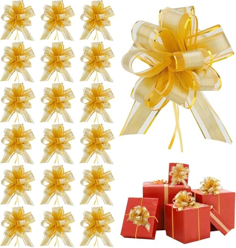 Große goldene Satinbandschleifen zum Verpacken von Weihnachtsgeschenken, geeignet für Weihnachtsgeschenkkörbe und Weinflaschendekoration 20 große Kordelzugschleifen (Gold) von generic