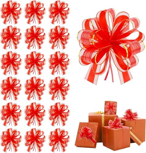 Große goldene Satinbandschleifen zum Verpacken von Weihnachtsgeschenken, geeignet für Weihnachtsgeschenkkörbe und Weinflaschendekoration 20 große Kordelzugschleifen (Hellrot) von generic