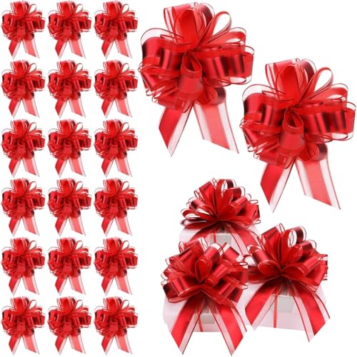 Große goldene Satinbandschleifen zum Verpacken von Weihnachtsgeschenken, geeignet für Weihnachtsgeschenkkörbe und Weinflaschendekoration 20 große Kordelzugschleifen (Rot) von generic