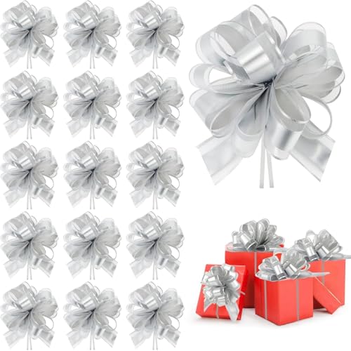 Große goldene Satinbandschleifen zum Verpacken von Weihnachtsgeschenken, geeignet für Weihnachtsgeschenkkörbe und Weinflaschendekoration 20 große Kordelzugschleifen (Silber) von generic