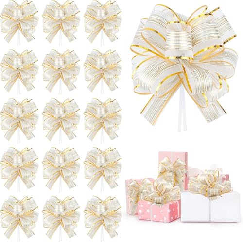 Große goldene Satinbandschleifen zum Verpacken von Weihnachtsgeschenken, geeignet für Weihnachtsgeschenkkörbe und Weinflaschendekoration 20 große Kordelzugschleifen (Weiß) von generic