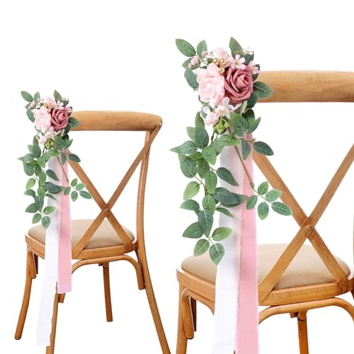 Hochzeitsgang-Dekorationen, 6er-Set, Altrosa, Kirchenbank-Blumen, Stuhllehnen-Dekor, Gang-Blumenarrangements mit Chiffon-Bändern für Hochzeitszeremonie, Party, Kirchenstuhl-Dekor von generic