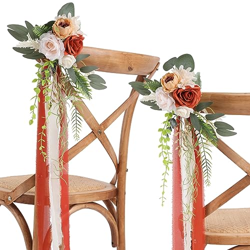Hochzeitsgang-Dekorationen, 8er-Set, Stuhllehnenblumen, Florale Kirchenbank-Hochzeitsdekorationen für die Zeremonie mit Chiffonbändern, Herbstdekor von generic