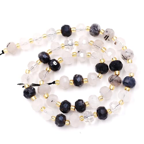 Natursteinperlen zur Herstellung von Armbändern und Halsketten. Verkauft pro Beutel, 5 Stränge und eine Rolle Kordel im Inneren, facettierte Rondell, schwarzer Rutilquarz, 8 mm von generic