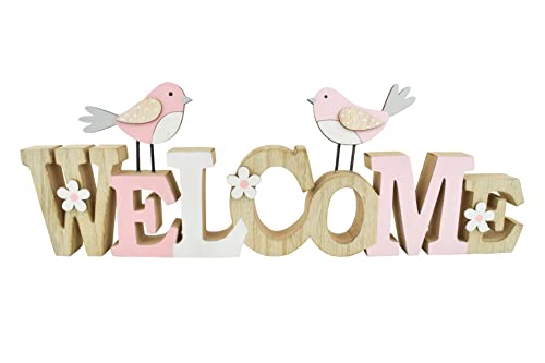 Schriftzug Welcome Vögel | rosa weiß | Holz Aufsteller Fensterdeko | Willkomen | 38 cm von generich