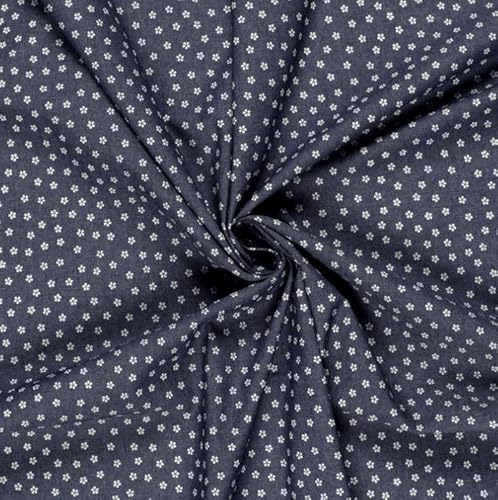 Leichter Jeansstoff Blumen, Blusenstoff Jeans Stoff Meterware luftig - Denim dunkelblau - Hemdenstoff Jeansoptik Blümchen weiß *ab 50 cm von generisch