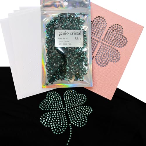 Genio Cristal SS10 Erinite Ultra Hotfix Strasssteine mit vierblättrigem Kleeblatt Vorlage & Transferband - 3600 Stück - Glücksbringer DIY Heat Press Kit Genio Cristal SS10 Erinite Ultra Hotfix Strasssteine mit vierblättrigem Kleeblatt Vorlage & Transferband - 3600 Stück - Glücksbringer DIY Heat Press Kit von genio cristal