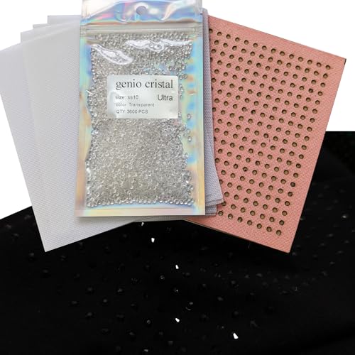 Genio Cristal SS10 Transparente Ultra-Hotfix-Strasssteine mit Blanko-Strass-Blatt und Transferband, 3600 Stück, maschinenwaschbar, DIY Heat Press Kit von genio cristal