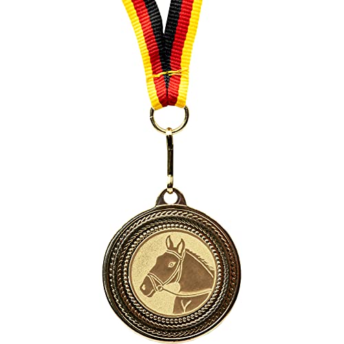 Pokal-Fabrik.de - 10 Stück Pferde Medaillen Kindergeburtstag aus Metall mit Band und Emblem für Kinder als Mitgebsel - mit schwarz rot goldenem Band von geschenke-fabrik.de