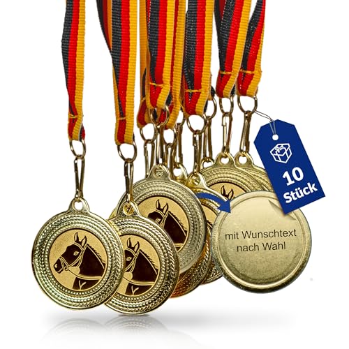 Pokal-Fabrik - Pferde-Medaillen 10er Set Metall mit Wunschtext - Pferdemedaille golden zum Umhängen für Siegerehrungen - Medaillen Kinder mit Deutschlandband & Emblem für Vereine & Turniere Pokal-Fabrik - Pferde-Medaillen 10er Set Metall mit Wunschtext - Pferdemedaille golden zum Umhängen für Siegerehrungen - Medaillen Kinder mit Deutschlandband & Emblem für Vereine & Turniere von geschenke-fabrik.de