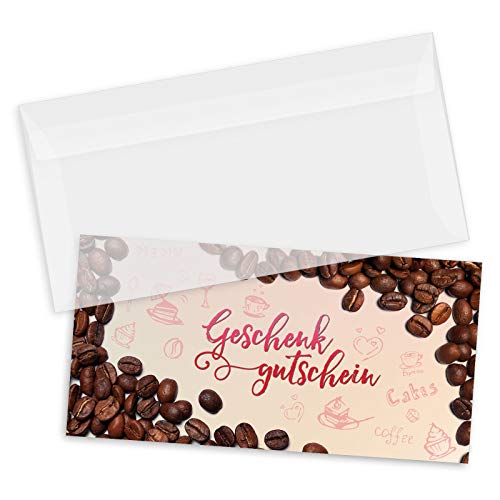 100 hochwertige Gutscheinkarten + 100 Kuverts DIN-Lang. Gutscheine für Café Caféhaus Kaffeehaus. Cafégutschein. Vorderseite hochglänzend. G92018 von GESCHENKGUTSCHEINcom by POS-HAUER