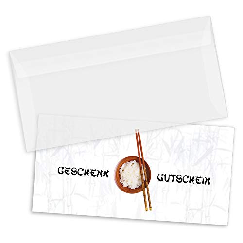 100 hochwertige Gutscheinkarten + 100 Kuverts DIN-Lang. Gutscheine für China-Restaurant Asiatische Restaurants. Vorderseite hochglänzend. G9214 von GESCHENKGUTSCHEINcom by POS-HAUER