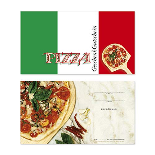 100 hochwertige Gutscheinkarten Geschenkgutscheine. Vorderseite hochglänzend. Gutscheine für Italienisches Restaurant Pizzeria Pizza. G1215 von geschenkgutschein.com