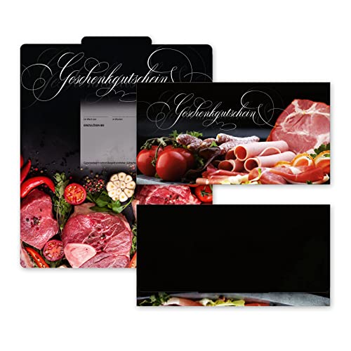 25 Stk. Premium FALTGUTSCHEINE. Geschenkgutscheine mit hochglänzender Außenseite, für Fleischerei Fleisch- und Wurstwaren. M228 von geschenkgutschein.com