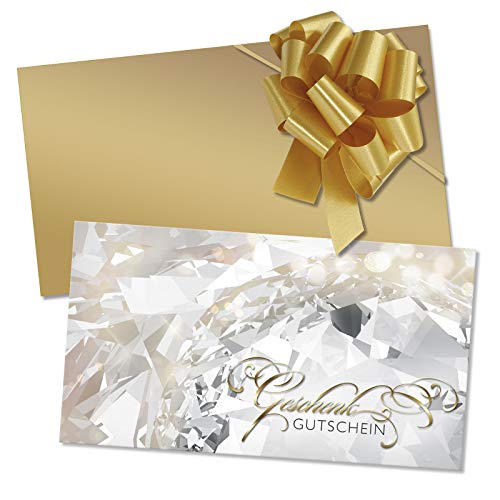 25 hochwertige Gutscheinkarten + 25 Kuverts + 25 Schleifen. Gutscheine für Juweliere Gold und Silberschmiede Schmuckhändler. SC1221 von geschenkgutschein.com