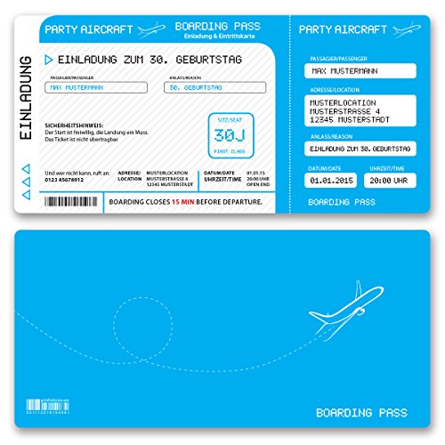 (10 x) Einladungskarten Geburtstag Flugticket Ticket Karte Einladungen in Hellblau von gestaltenlassen.com