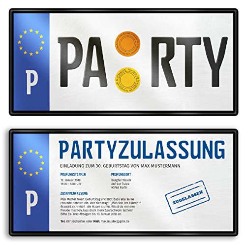 gestaltenlassen.com (10 x) Einladungskarten Geburtstag Nummernschild Auto Schild Plakette Einladungen von gestaltenlassen.com
