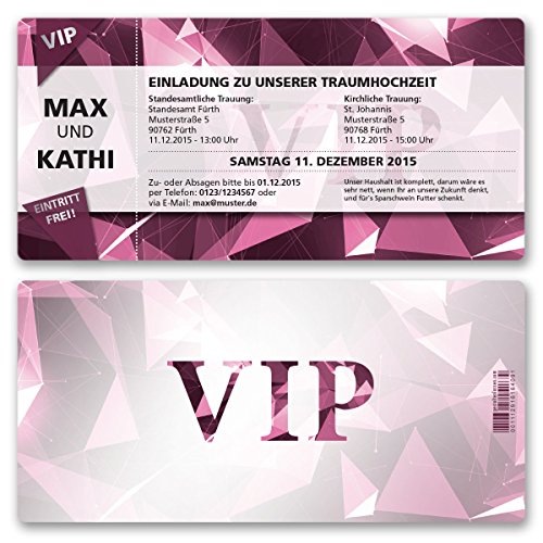 (10 x) Hochzeitseinladungen VIP Party Edel Pink Ticket Einladungskarten Hochzeit von gestaltenlassen.com