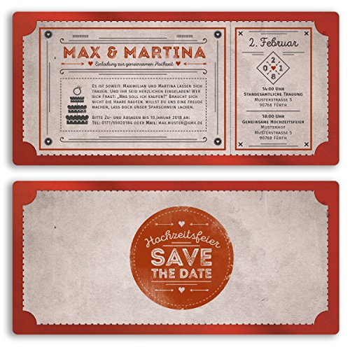 (10 x) Hochzeitseinladungen Vintage Retro Ticket Look Rot Einladungskarten Hochzeit von gestaltenlassen.com