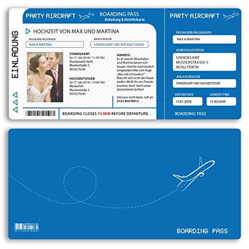 (10 x) Hochzeitseinladungskarten Flugticket Boarding Pass blau Einladungskarten Hochzeit von gestaltenlassen.com