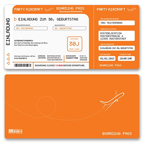 (100 x) Einladungskarten Geburtstag Flugticket Ticket Karte Einladungen in Orange von gestaltenlassen.com