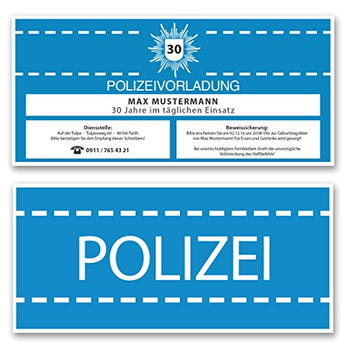 (20 x) Einladungskarten Geburtstag als Polizei Vorladung Karte Einladungen in Blau von gestaltenlassen.com