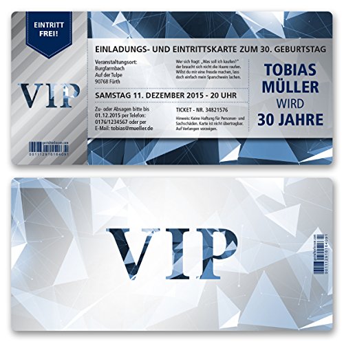 (30 x) Einladungskarten Geburtstag VIP Party Edel Blau Ticket Karte Einladungen von gestaltenlassen.com