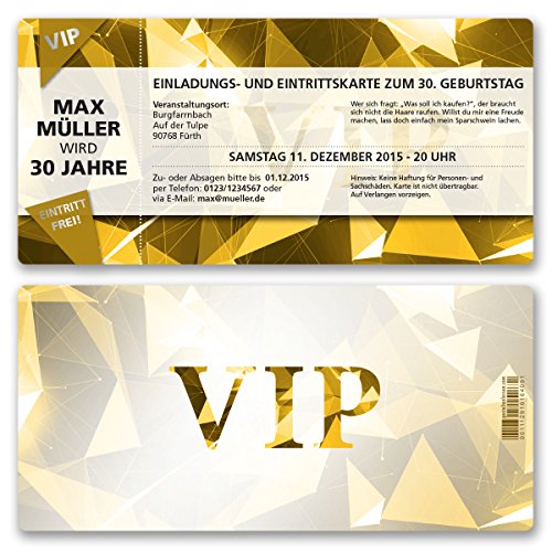 gestaltenlassen.com (30 x) Einladungskarten Geburtstag VIP Party Edel Gold Ticket Karte Einladungen von gestaltenlassen.com
