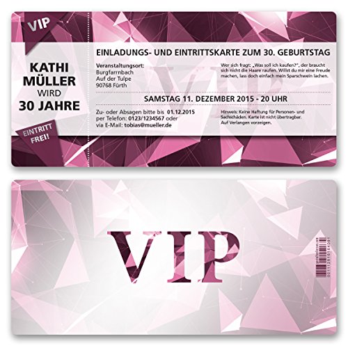 (30 x) Einladungskarten Geburtstag VIP Party Edel Pink Lila Ticket Einladungen von gestaltenlassen.com